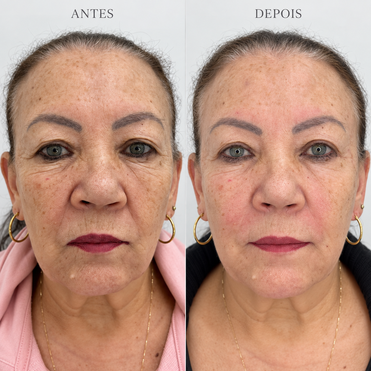 Comparativo real 3 de antes e depois de rejuvenescimento facial em Mogi das Cruzes