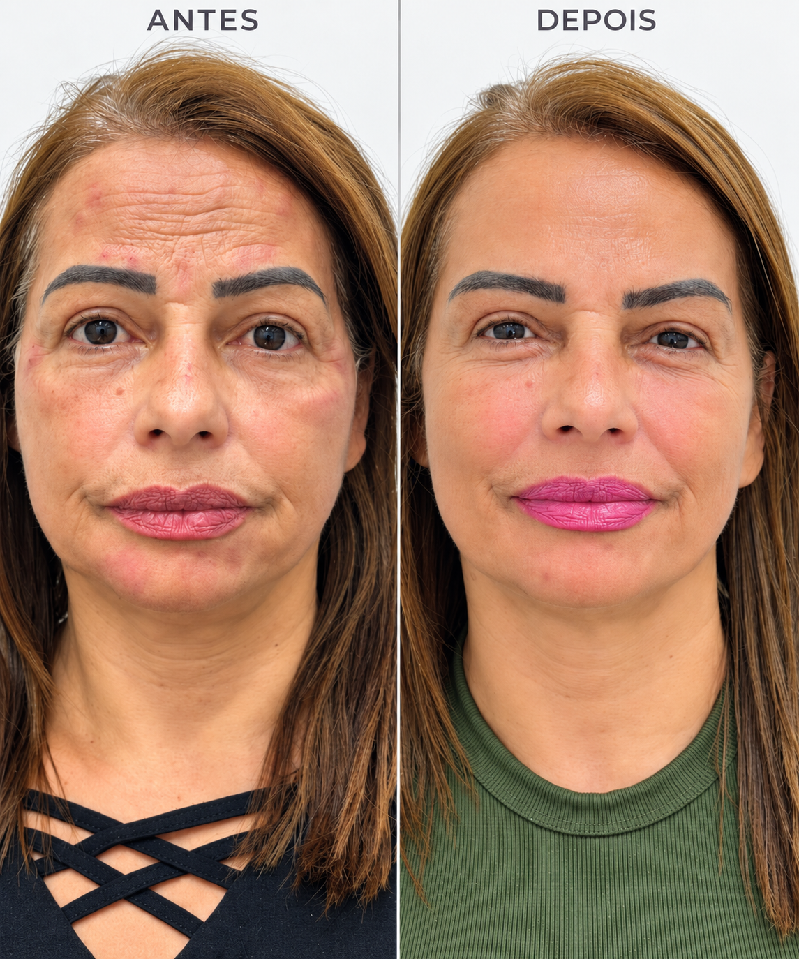 Comparativo real 1 de antes e depois de rejuvenescimento facial em Mogi das Cruzes